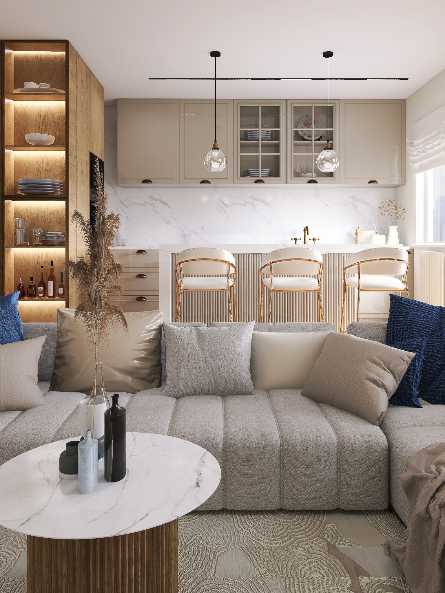 Stylowe wnętrze: szary narożnik z poduszkami, marmurowy stolik kawowy z wazonami i otwarta kuchnia z hokerami. Ciepłe oświetlenie podkreśla detale.