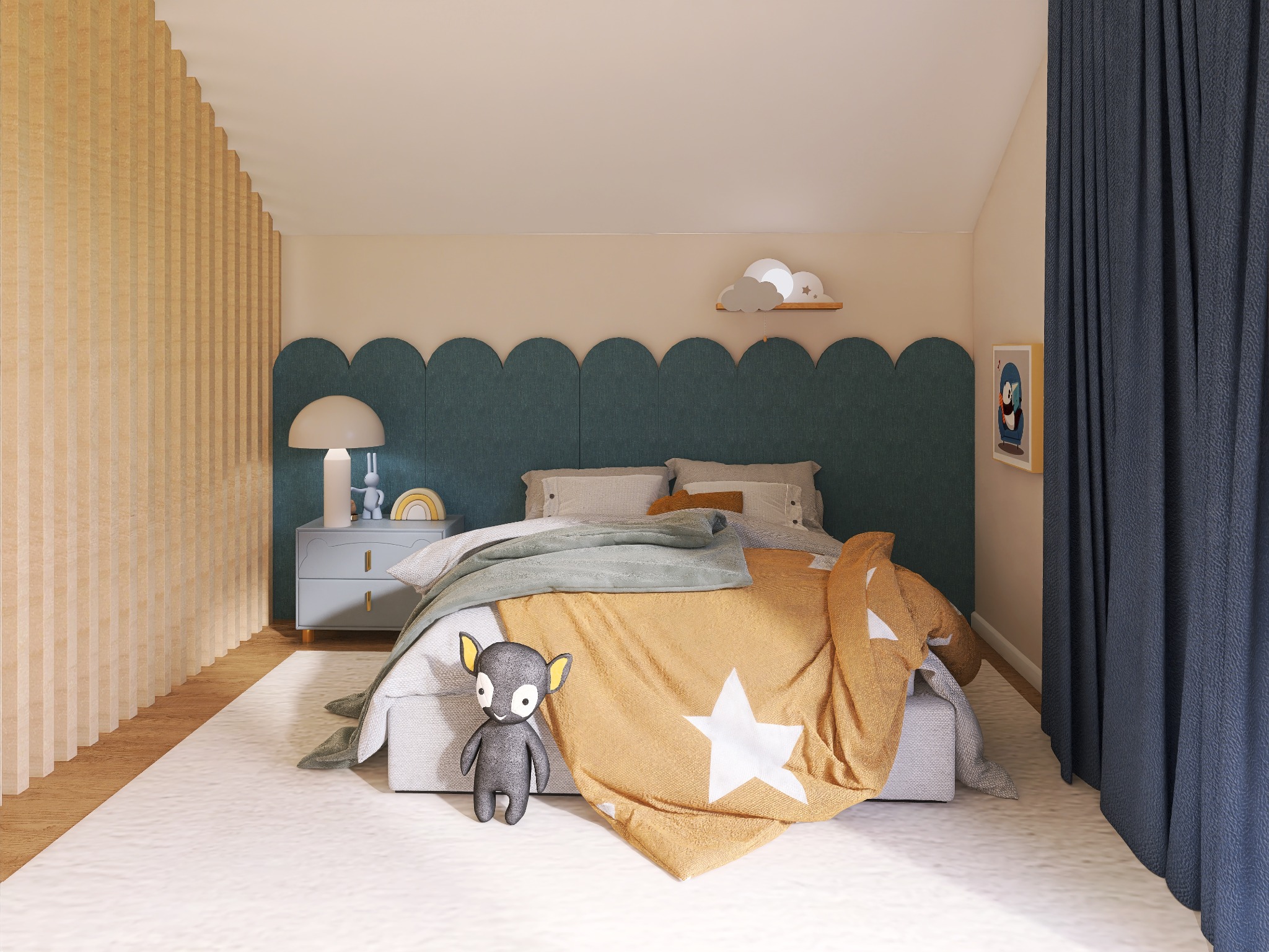 Uroczy pokój dziecięcy: łóżko z pluszakiem, lampka nocna, dekoracje ścienne (chmurka, obrazek), zasłony. Przytulne wnętrze.