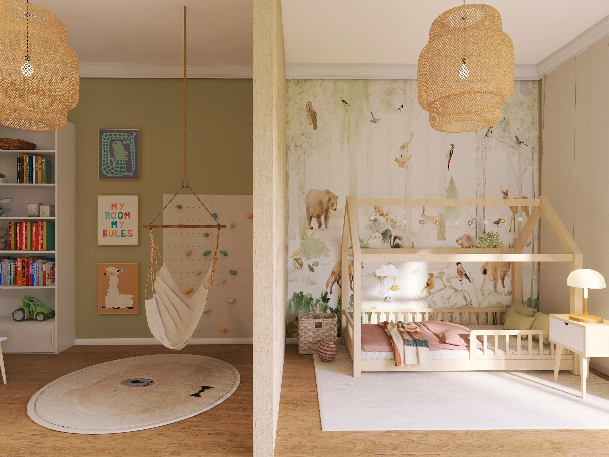 Pokój dziecięcy z drewnianym łóżkiem w kształcie domku, tapetą w leśne zwierzęta i wiszącym hamakiem. Jasne kolory, przytulna aranżacja.