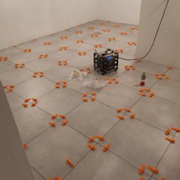 Usługi remontowo- budowlane Grzegorz Siwiec - Szare płytki podłogowe z pomarańczowymi klipsami poziomującymi, paczka klipsów SOLID oraz poziomica laserowa na środku pomieszczenia podczas układania płytek.