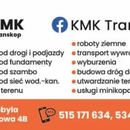 Wizytówka firmy KMK Transkop z Kobyli, oferującej roboty ziemne, wykopy, transport wywrotką, wyburzenia, budowę dróg dojazdowych, utwardzanie terenu i usługi minikoparką. Zawiera logo z koparką...
