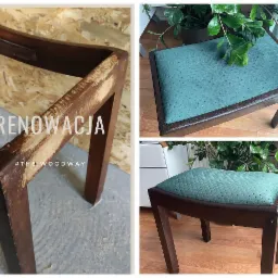 Kolaż przedstawiający renowację taboretu: po lewej surowy szkielet przed odnowieniem, po prawej gotowy taboret z nową, turkusową tapicerką i rośliną w tle.