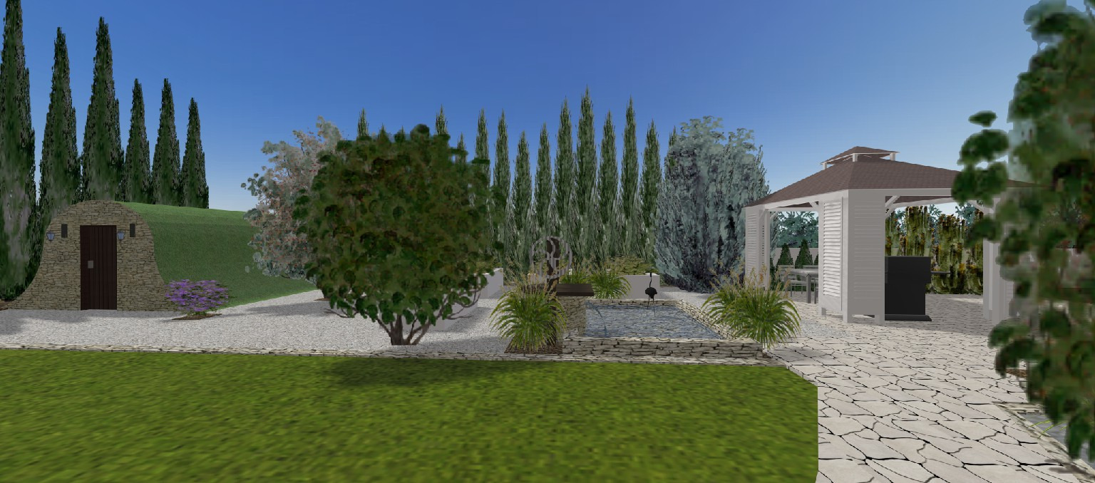 Wizualizacja ogrodu z kamiennym budynkiem wkomponowanym w zbocze, ozdobnym stawem z figurką czapli i białą altaną z grillem.