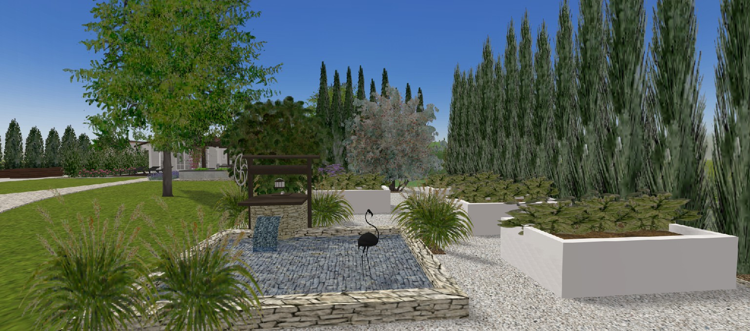 Wizualizacja ogrodu z oczkiem wodnym z kamienia, dekoracyjną studnią i rzeźbą flaminga, otoczonego trawami ozdobnymi, drzewami i wysokimi cyprysami.