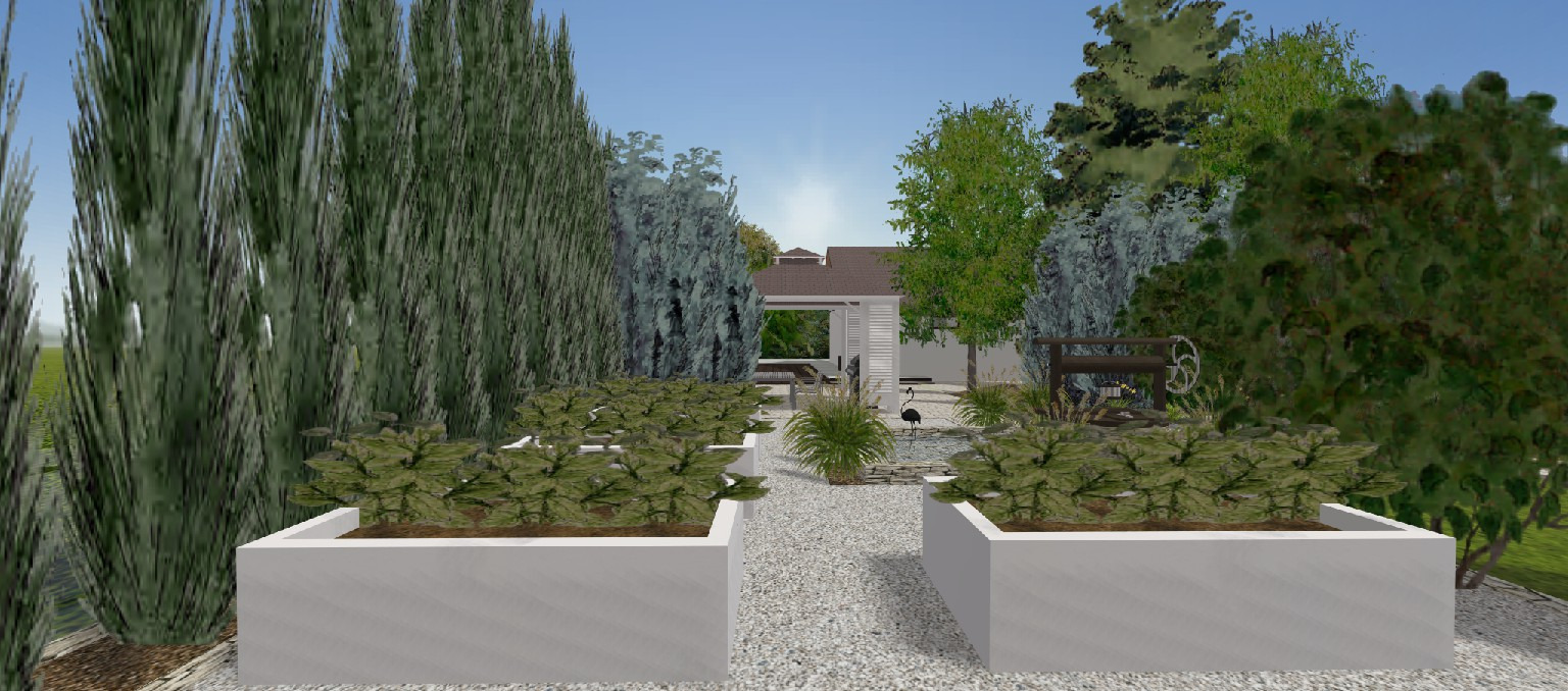 Wizualizacja ogrodu z rabatami w podwyższonych, białych donicach, ścieżką z białego żwiru, strzyżonymi iglakami po bokach i altaną w tle.