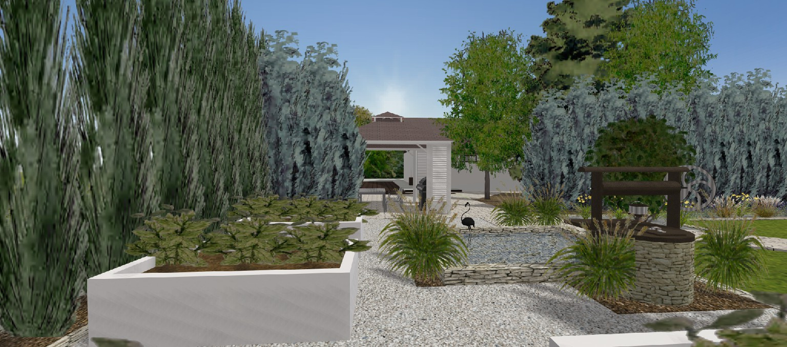 Wizualizacja ogrodu z oczkiem wodnym, studnią i altaną, otoczonego roślinnością i wysypanego żwirem.