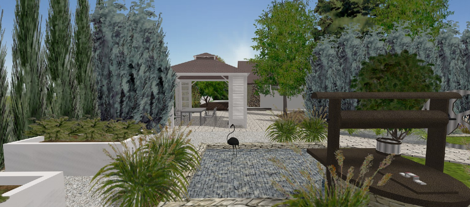 Wizualizacja ogrodu z altaną, oczkiem wodnym z figurką flaminga i studnią. Widoczne rośliny w donicach i na rabatach.