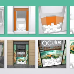 Wizualizacje 3D okien wystawowych salonu optycznego Oculus z ekspozycją okularów, toreb na zakupy i logo firmy.