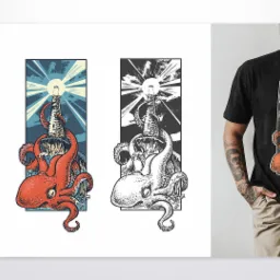 Mężczyzna w czarnym T-shircie prezentujący grafiki z motywem ośmiornicy oplatającej latarnię morską, obok trzy wersje tej grafiki w różnych kolorach i stylach.