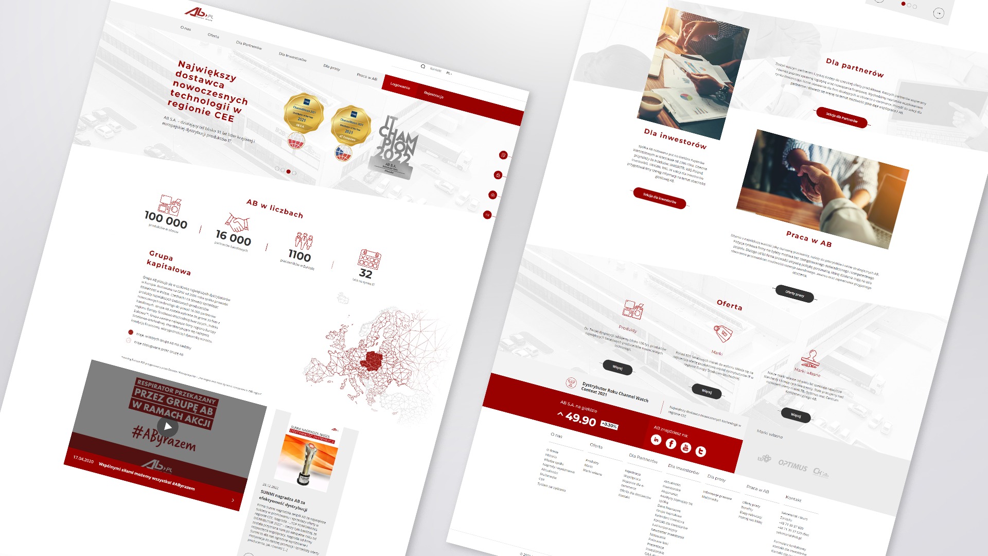 Wyświetlona strona internetowa firmy z danymi liczbowymi, nagrodami i ofertami w jasnej kolorystyce, prezentująca jej działalność i osiągnięcia.