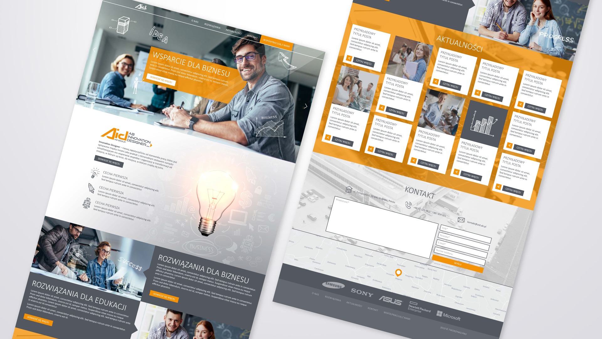Fragment strony internetowej z nagłówkiem 'Wsparcie dla biznesu', uśmiechnięty mężczyzna w okularach piszący na tablecie, ikony biznesowe i żarówka symbolizująca pomysł, obok sekcja 'Aktualności'...