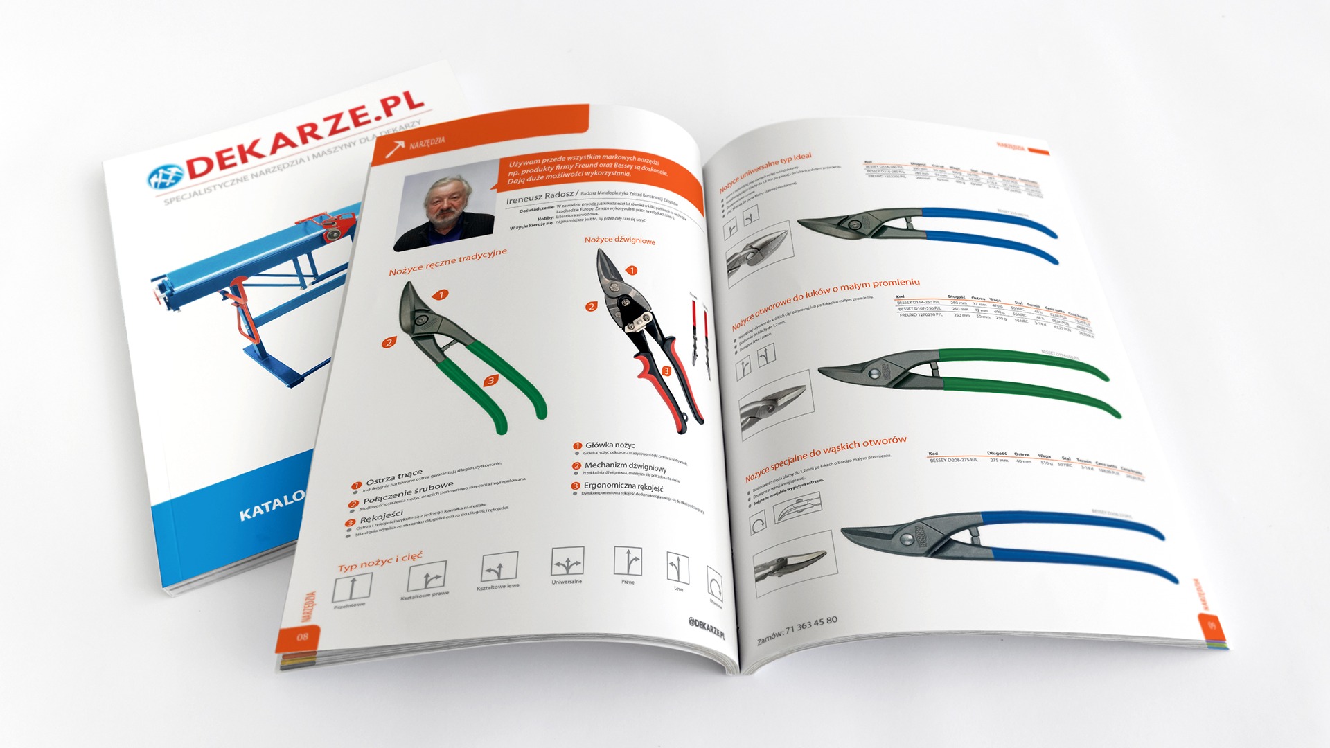 Otwarty katalog narzędzi dekarskich, prezentujący nożyce do blachy z opisami i specyfikacjami technicznymi, obok katalog z okładką w kolorze niebieskim.