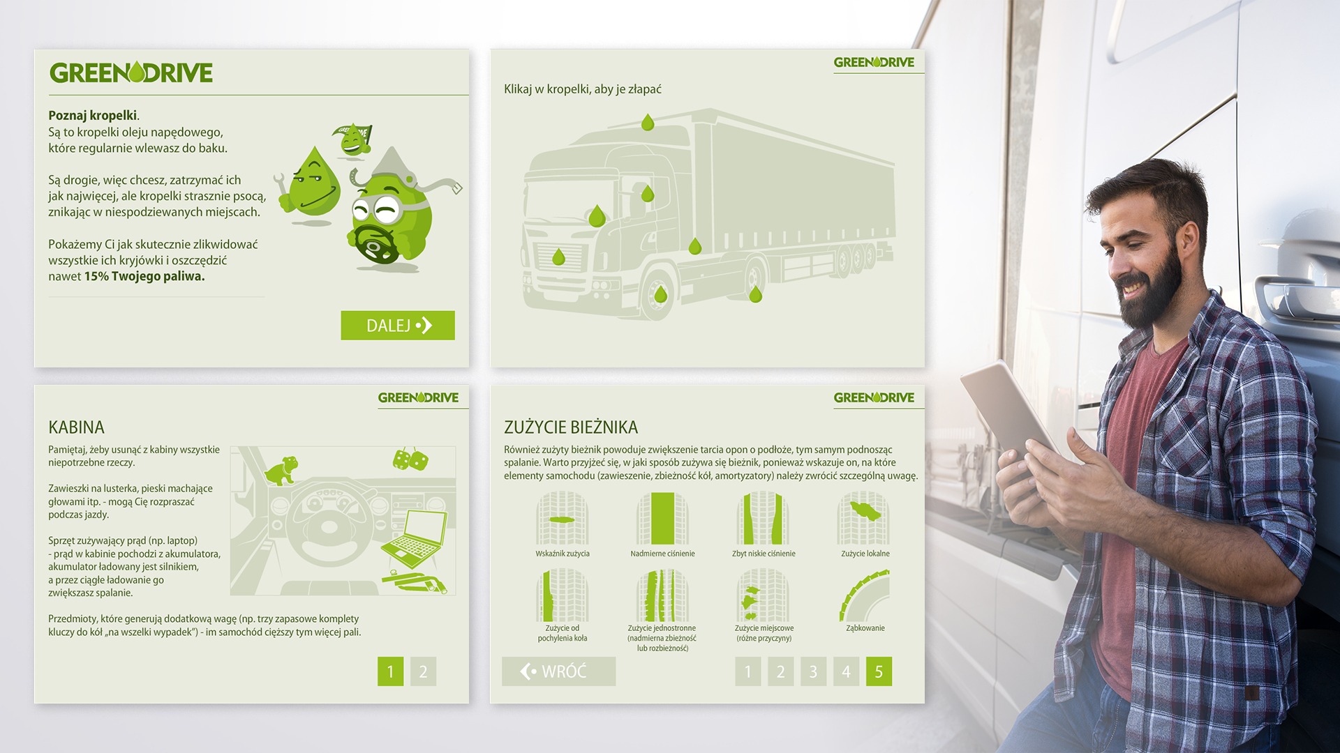 Mężczyzna z brodą w koszuli w kratę przegląda tablet na tle białej ciężarówki, prezentacja interfejsu aplikacji mobilnej dotyczącej optymalizacji zużycia paliwa w transporcie.