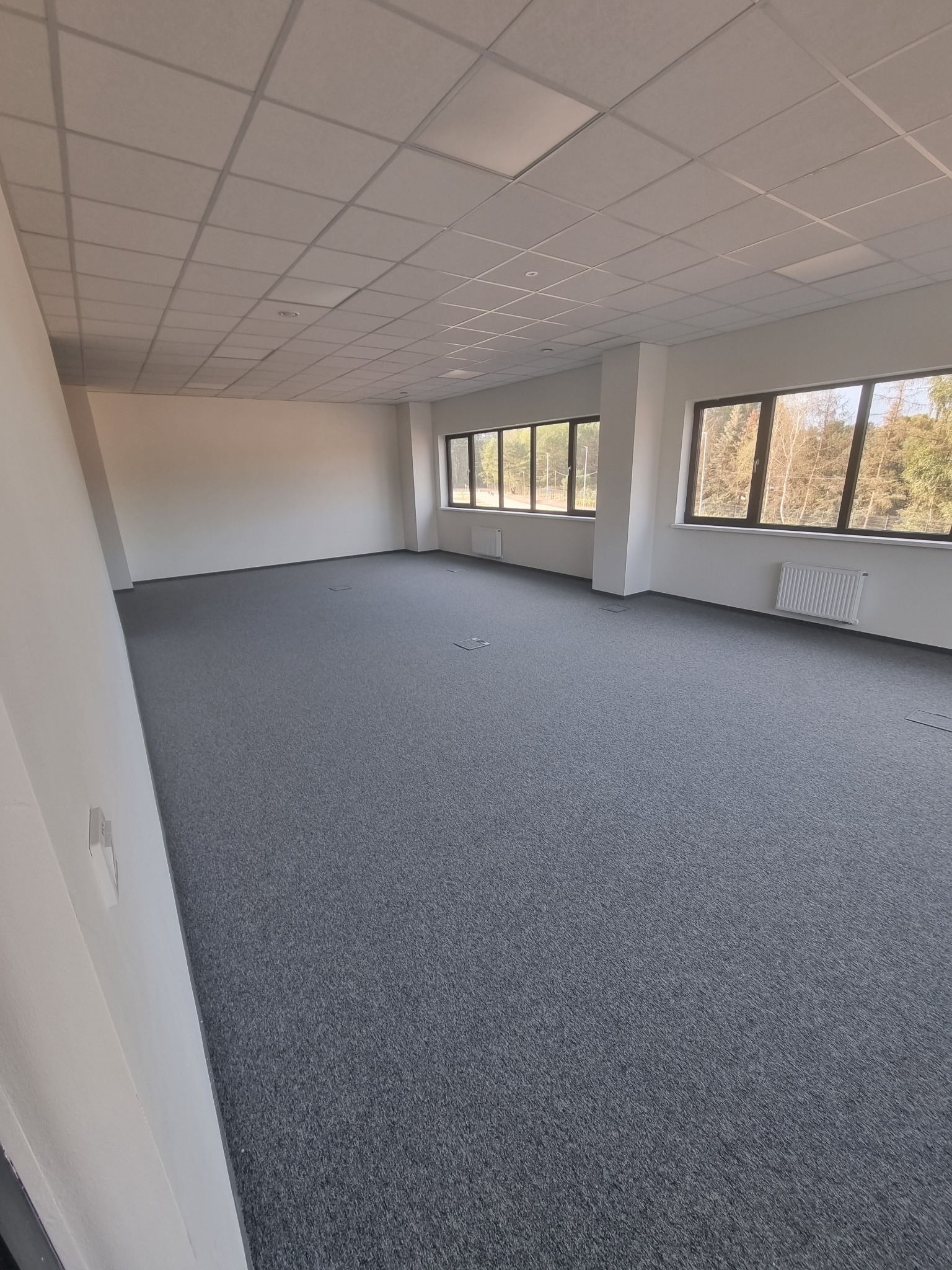 Pusta, jasna przestrzeń biurowa z szarą wykładziną dywanową, białymi ścianami i sufitem kasetonowym oraz grzejnikami pod oknami z widokiem na drzewa.