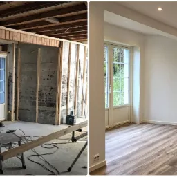 Porównanie stanu surowego i wykończonego pokoju: ściany z drewnianą konstrukcją i betonem obok gładkich, pomalowanych ścian z oknem i panelami podłogowymi.