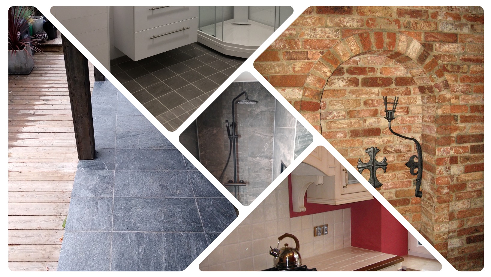 Mozaika różnych aranżacji wnętrz: szare płytki podłogowe przechodzące w drewniany taras, łazienka z kabiną prysznicową, prysznic ze srebrną armaturą, ceglany łuk z dekoracją ścienną i fragment...