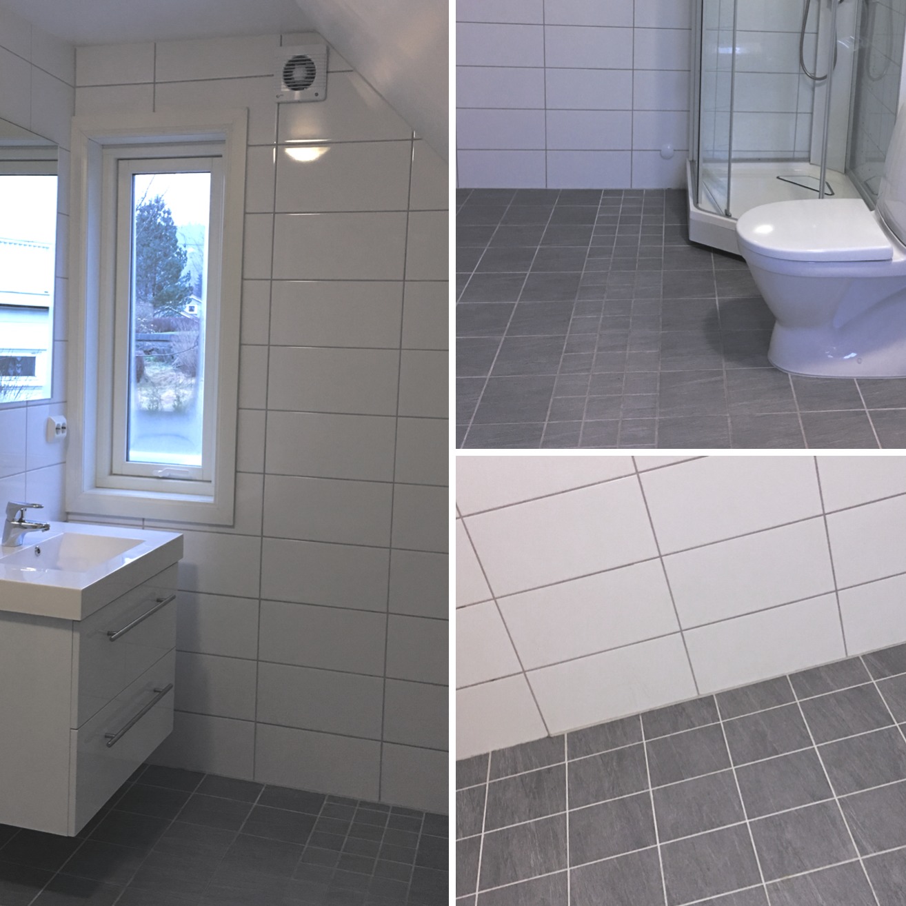 Nowoczesna łazienka z białymi płytkami ściennymi i szarą podłogą w kratkę, kabina prysznicowa w rogu, umywalka z szafką i widok na zewnątrz przez okno.