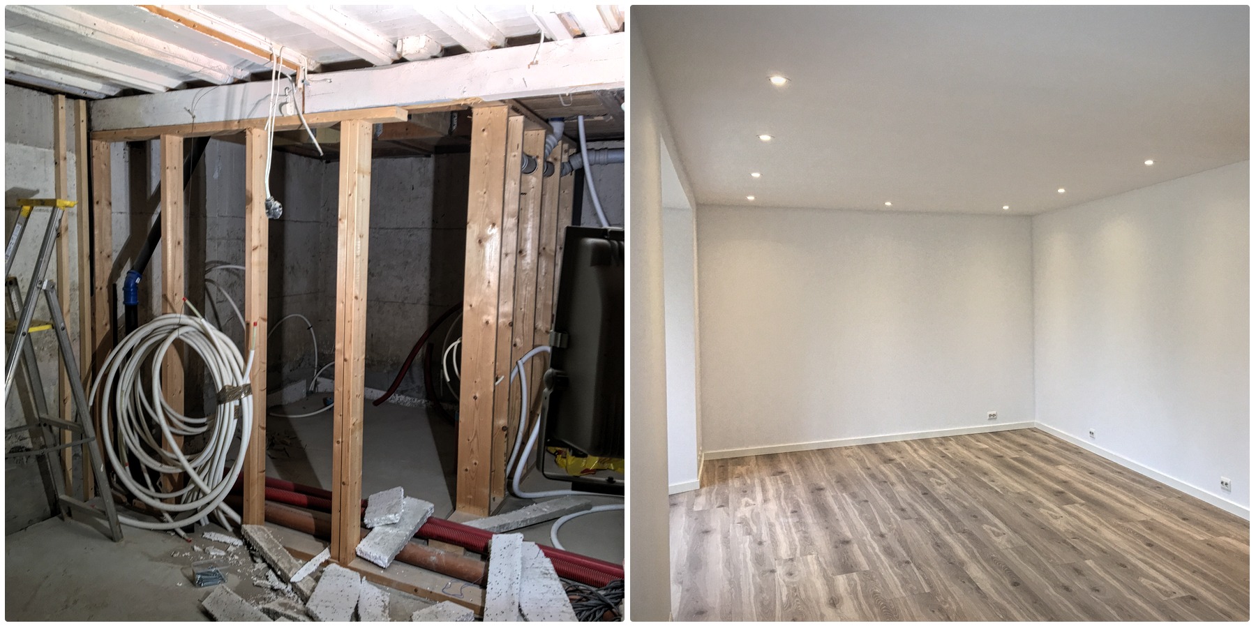 Zdjęcie przedstawia zestawienie stanu surowego i wykończonego pomieszczenia: po lewej drewniana konstrukcja ściany, rury instalacyjne, drabina i gruz; po prawej wykończone wnętrze z panelami...