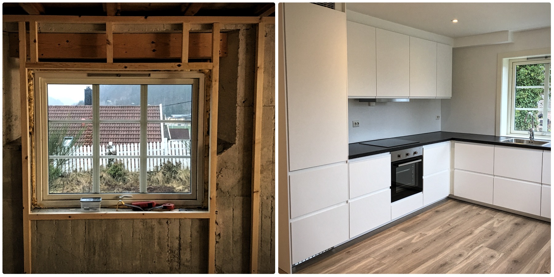 Porównanie stanu surowego i wykończonej kuchni: okno w trakcie montażu w ścianie z drewnianą konstrukcją oraz widok na nowoczesne białe meble kuchenne z czarnym blatem i drewnianą podłogą.
