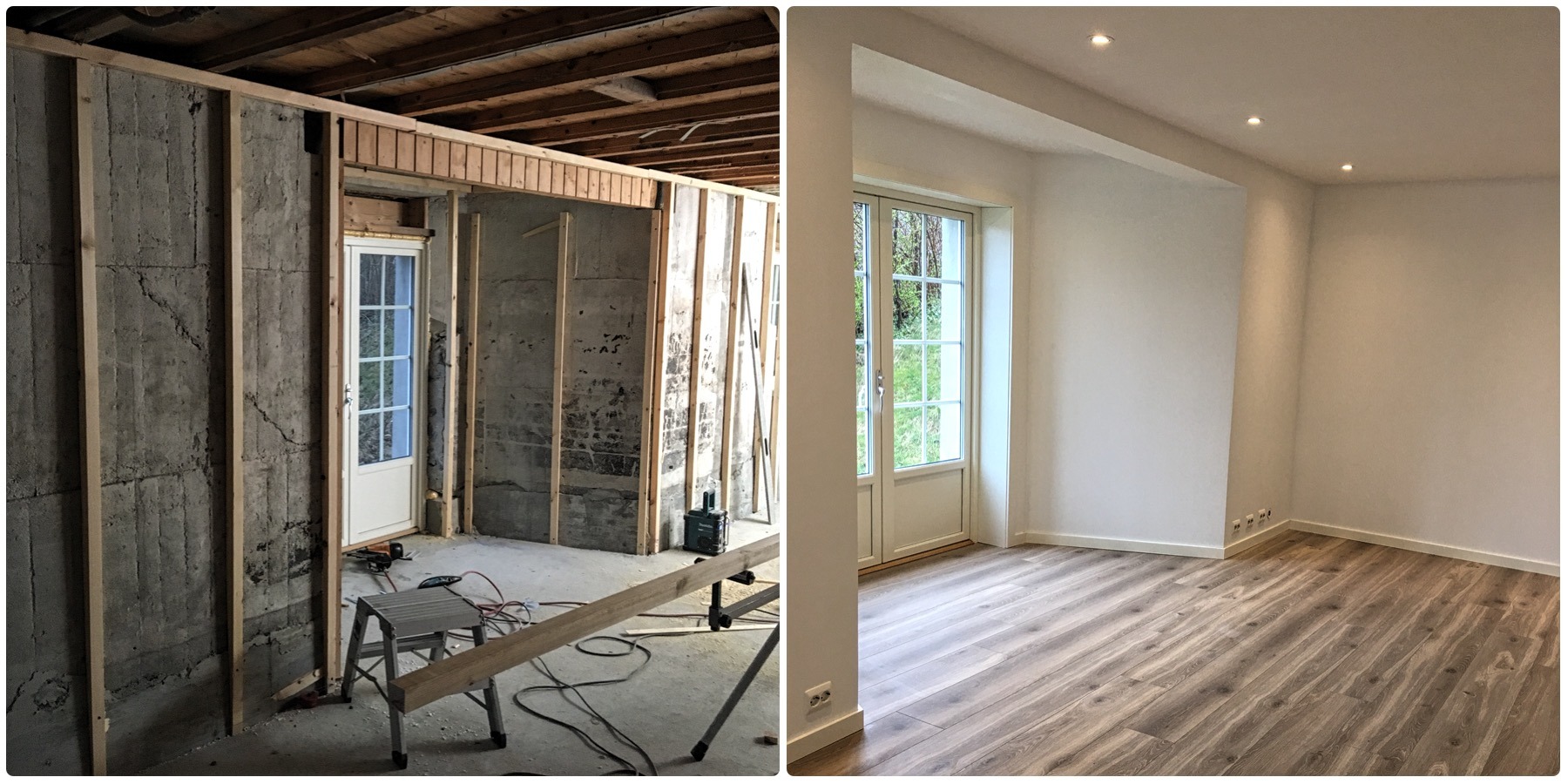 Porównanie stanu surowego i wykończonego pokoju: ściany z drewnianą konstrukcją i betonem obok gładkich, pomalowanych ścian z oknem i panelami podłogowymi.