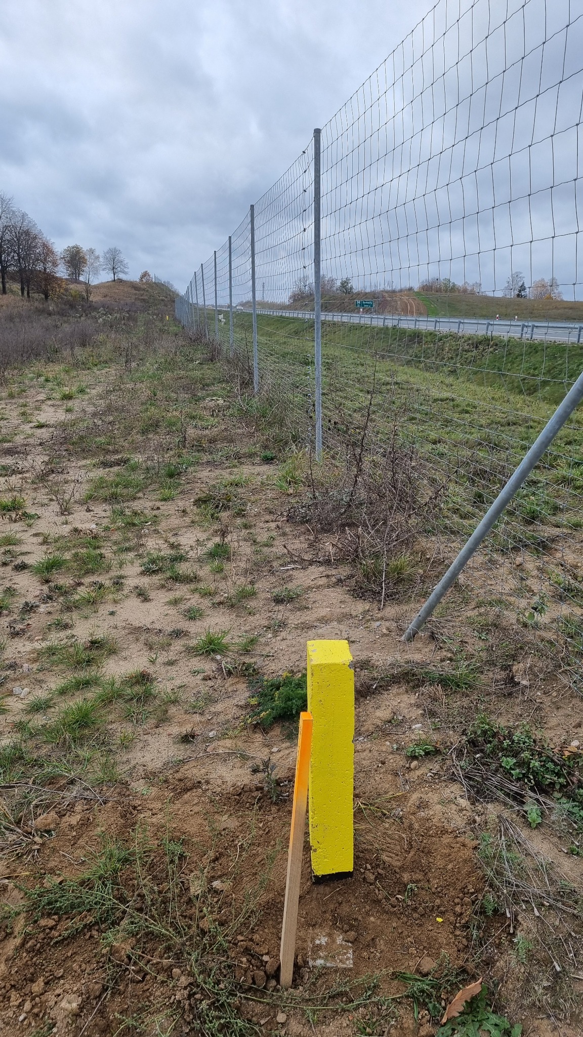Żółty, betonowy słupek geodezyjny wbity w ziemię, oznaczający granicę działki. W tle widoczny metalowy płot i droga.