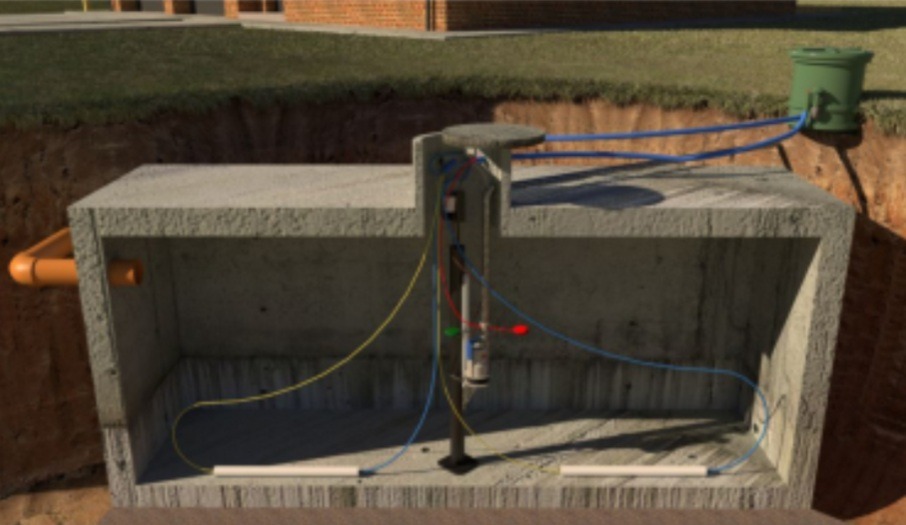 Przekrój ziemi ukazujący betonowy zbiornik z instalacją, widoczne przewody i rury doprowadzające, zielony pojemnik na powierzchni gruntu.