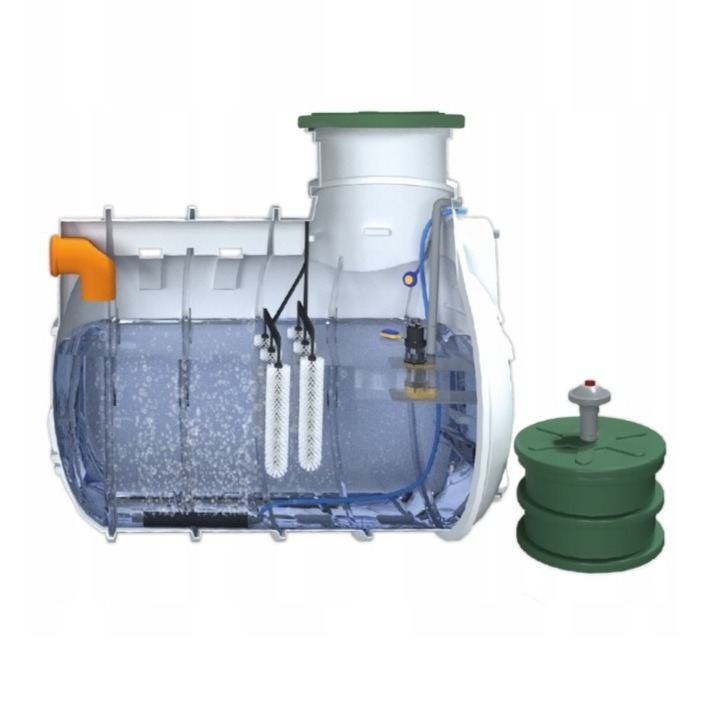 Przekrój szamba betonowego z elementami instalacji wewnętrznej i zieloną pokrywą, prezentowany przez firmę z Sadownego.