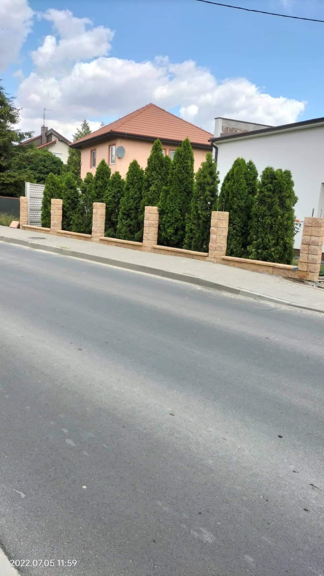 Nowo wybudowany murek z kostki łupanej oddzielający posesję od ulicy, z nasadzeniami tuj szmaragdowych w tle.