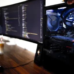 Stanowisko pracy programisty z szerokim monitorem wyświetlającym kod, obudową komputera z podświetleniem LED, klawiaturą, myszką Razer i szklanką z napojem.