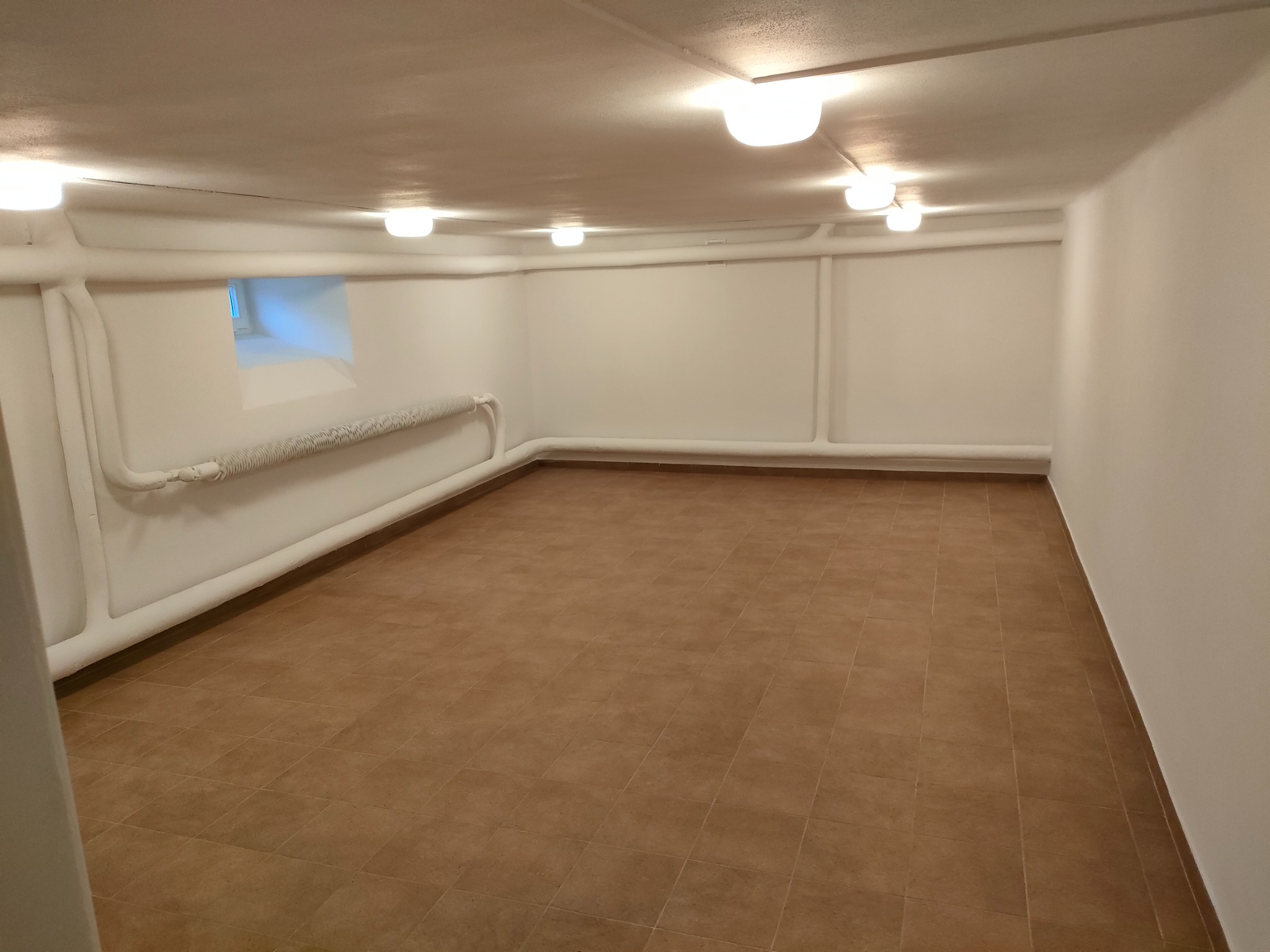 Wykończone pomieszczenie piwniczne z brązowymi płytkami podłogowymi, białymi ścianami i rurami biegnącymi wzdłuż ścian, oświetlone przez szereg okrągłych lamp sufitowych.