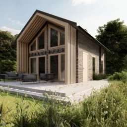 Wizualizacja nowoczesnego domu jednorodzinnego z szarą elewacją i drewnianymi elementami, z dużymi oknami i tarasem, otoczonego zielenią traw i drzew.