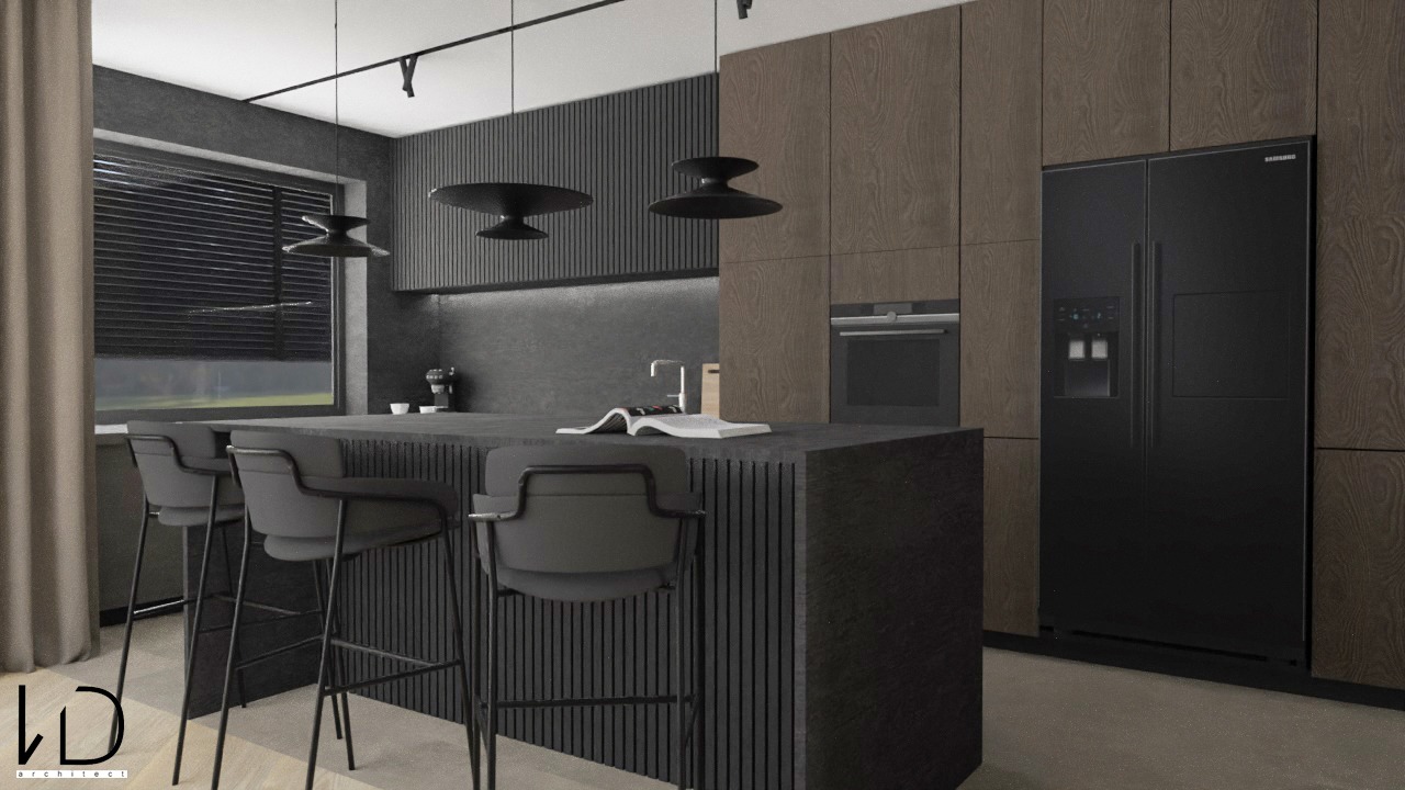 Nowoczesna kuchnia w odcieniach szarości i brązu z wyspą, czarnymi hokerami i lodówką side-by-side. Na blacie otwarty notatnik.