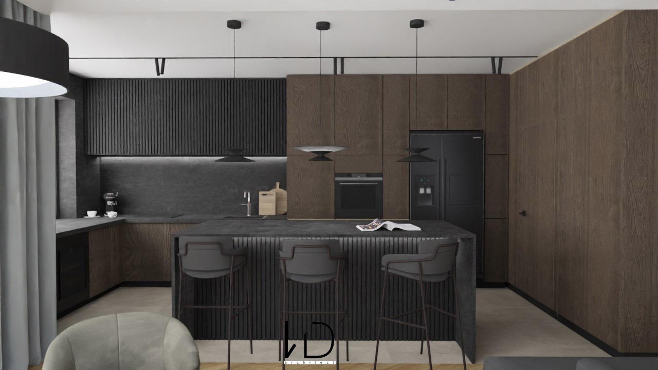 Wizualizacja nowoczesnej kuchni z wyspą, ciemne fronty szafek z ryflowaniem, trzy szare hokery przy wyspie, czarna lodówka side-by-side, trzy wiszące lampy z czarnymi kloszami.