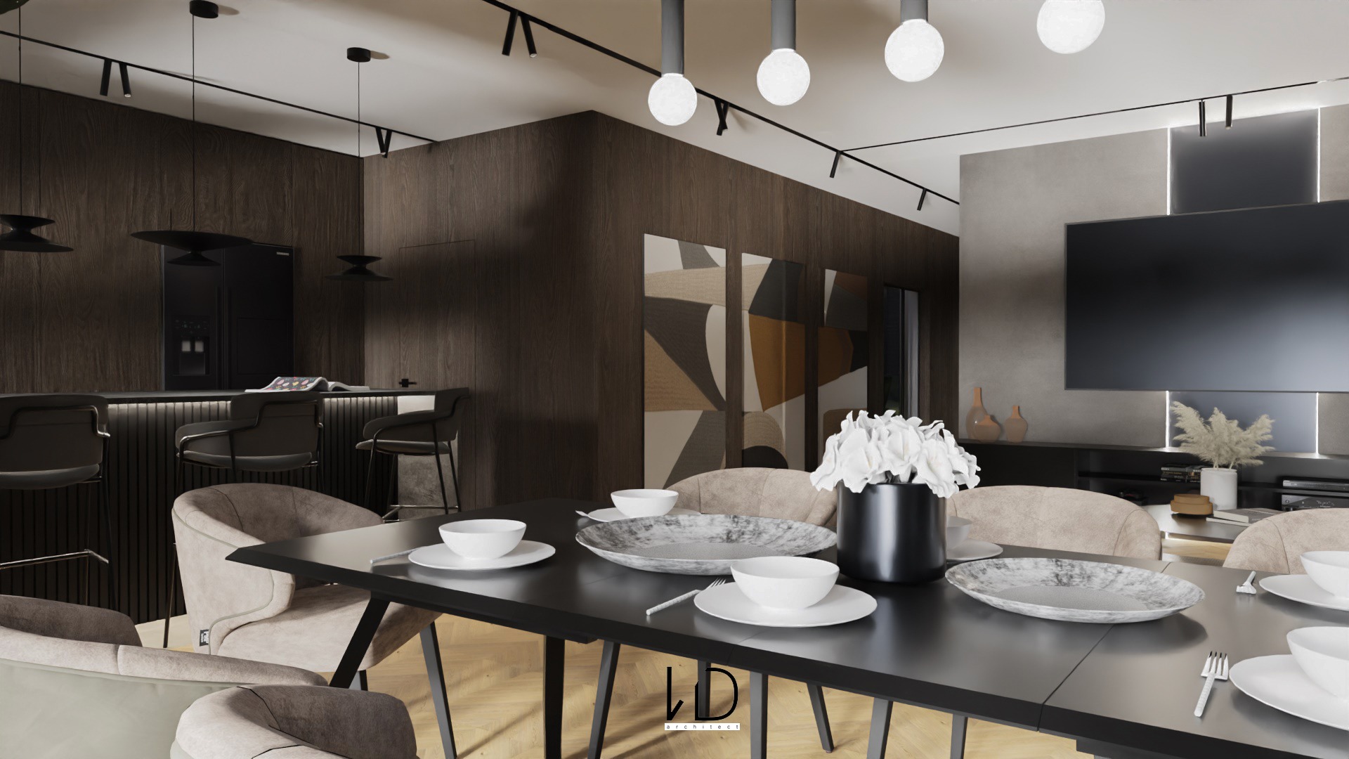 Nowoczesna jadalnia z czarnym stołem, nakrytym białymi naczyniami i szarymi talerzami, otoczona beżowymi krzesłami, z widokiem na bar z hokerami i salon z telewizorem, oświetlona kulistymi lampami.