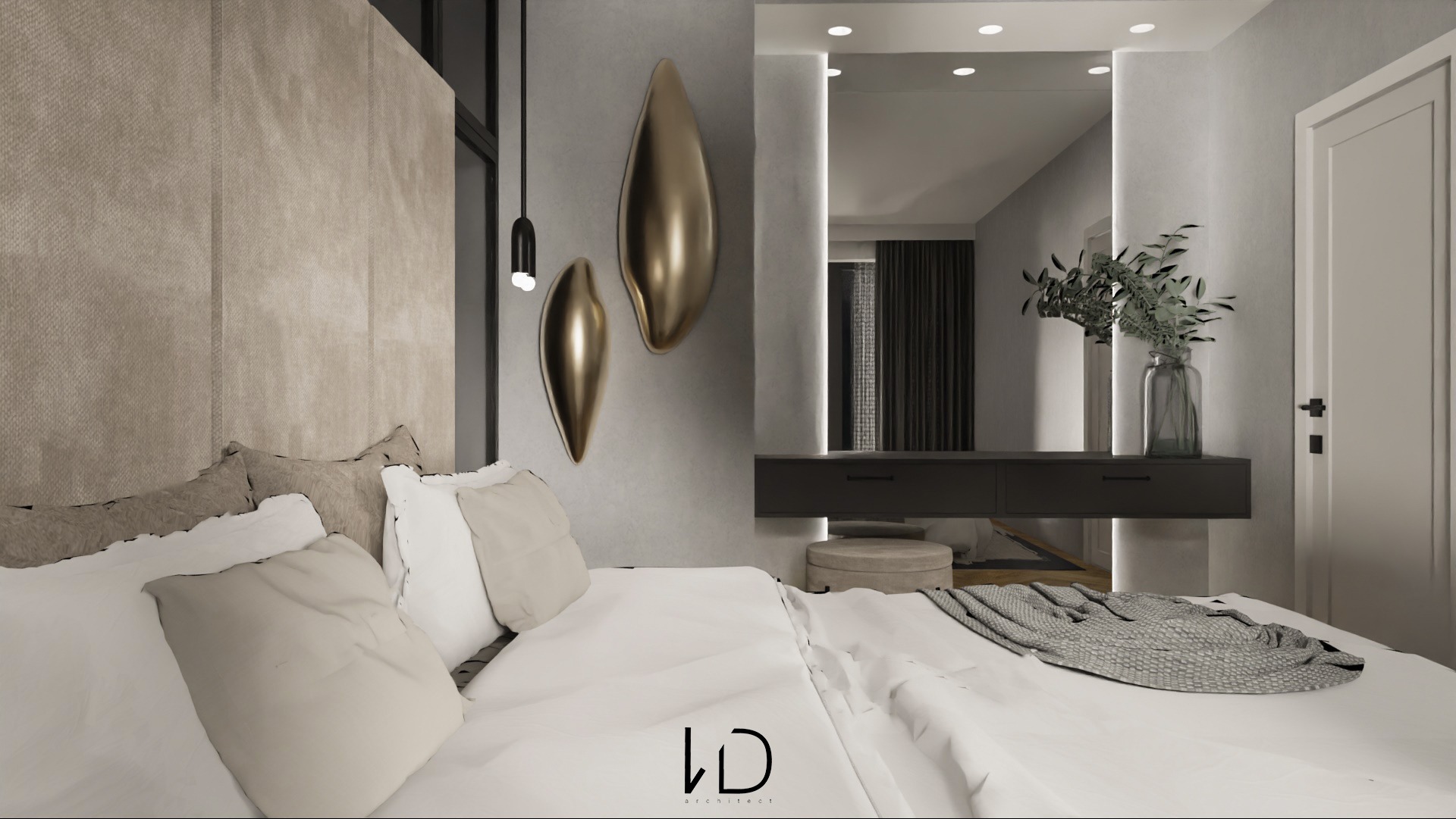 Nowoczesna sypialnia z beżowym tapicerowanym zagłówkiem, złotymi dekoracjami ściennymi w kształcie kropli, czarną wiszącą lampą i toaletką z lustrem, na której stoi szklany wazon z zielonymi...