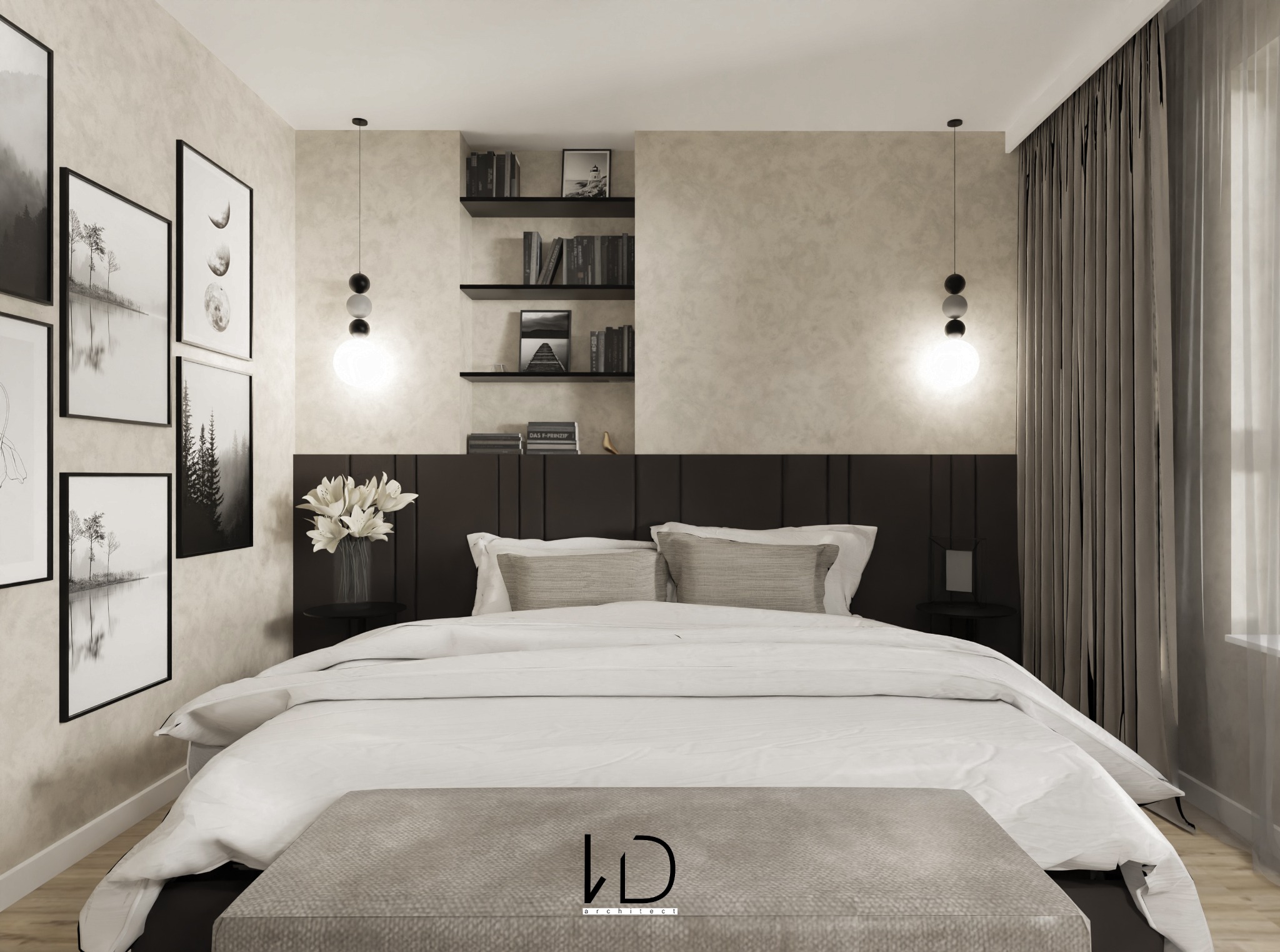 Nowoczesna sypialnia w stonowanych barwach z łóżkiem, galerią czarno-białych grafik na ścianie, wiszącymi lampami kulami i półkami z książkami we wnęce.