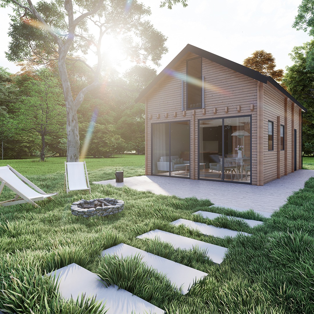 Wizualizacja drewnianego domu z dużymi oknami, tarasem i ścieżką z białych płyt, na trawniku leżaki i palenisko, w tle drzewa i promienie słońca.