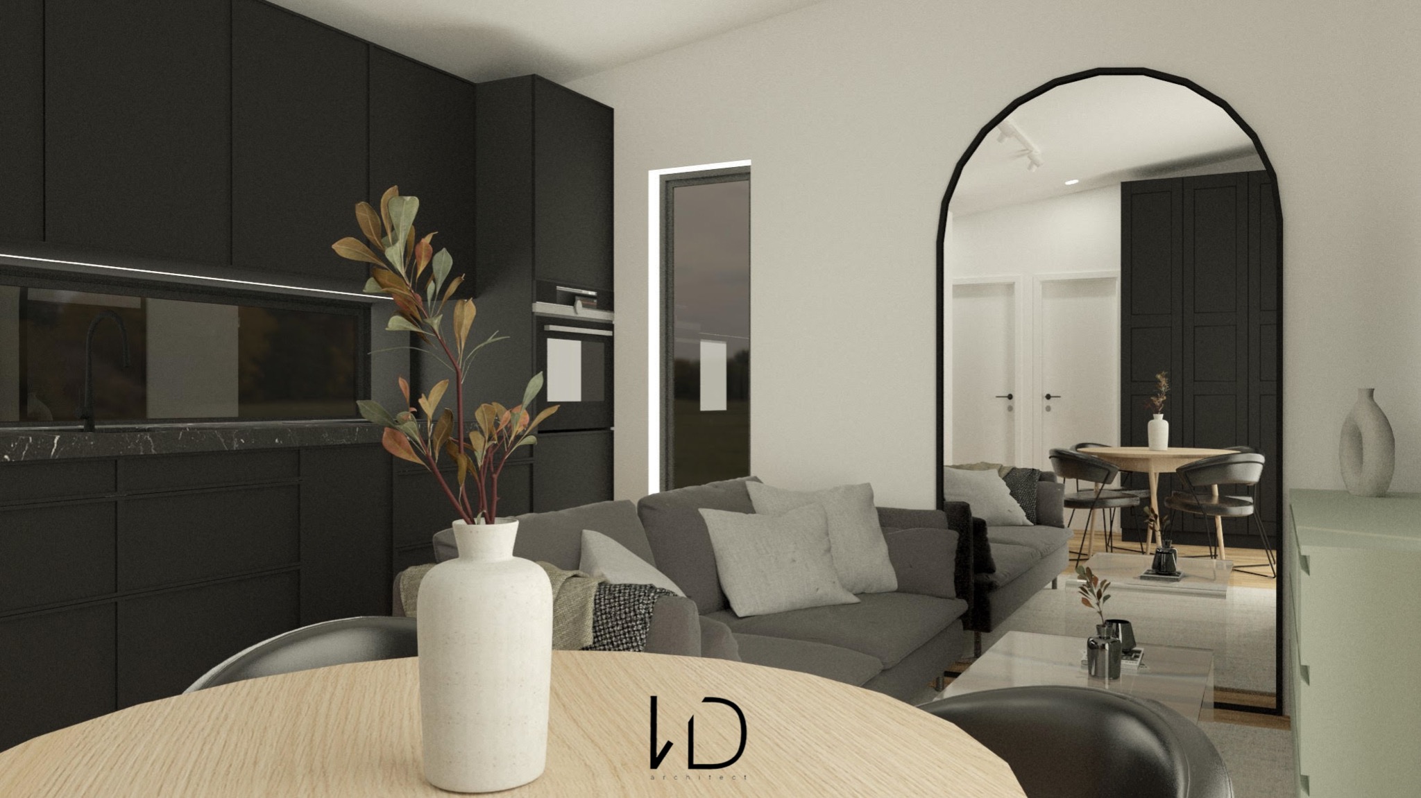 Wizualizacja salonu z aneksem kuchennym w nowoczesnym stylu, czarne szafki kuchenne z oświetleniem LED, szara sofa z poduszkami, okrągły stół z drewnianym blatem i wazon z gałązkami, duże lustro...