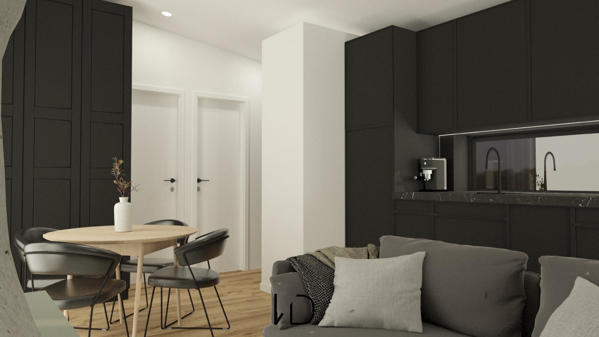 Wizualizacja wnętrza mieszkania: salon z aneksem kuchennym w ciemnej kolorystyce, okrągły stół z krzesłami i szara sofa z poduszkami.