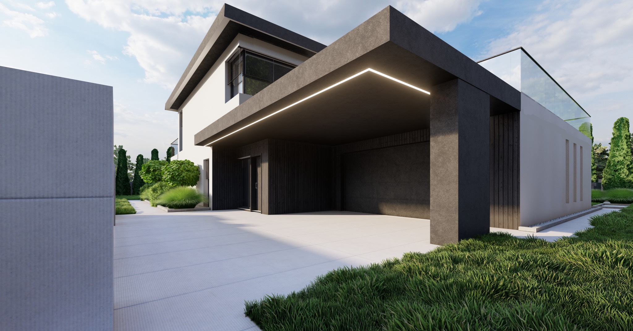 Wizualizacja nowoczesnego domu z płaskim dachem, podświetleniem LED pod zadaszeniem i garażem, otoczonego zielenią i wybrukowanym podjazdem.
