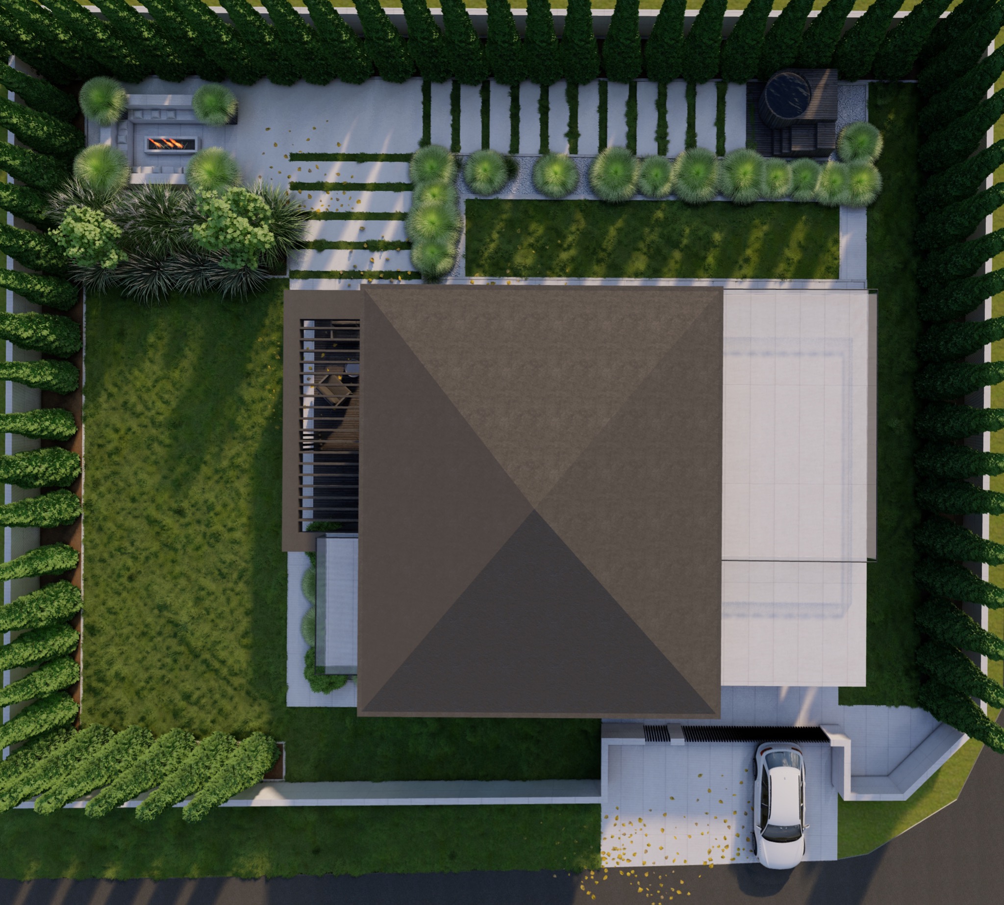 Widok z góry na nowoczesny dom z ogrodem, tarasem i jacuzzi, otoczony tujami, z samochodem zaparkowanym na podjeździe, w słoneczny dzień.