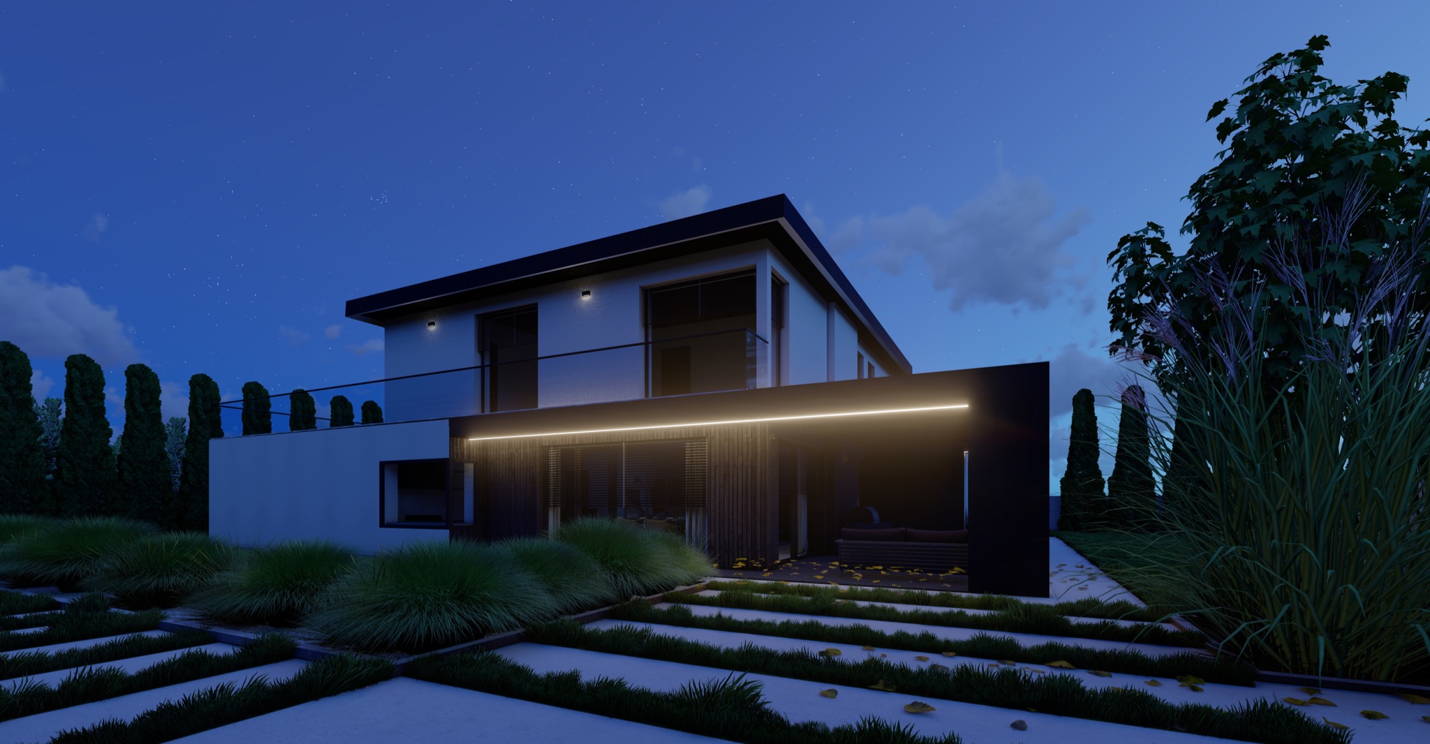 Nowoczesny dom jednorodzinny z oświetloną elewacją i minimalistycznym ogrodem o zmierzchu, widok z poziomu gruntu na ogród i część elewacji.