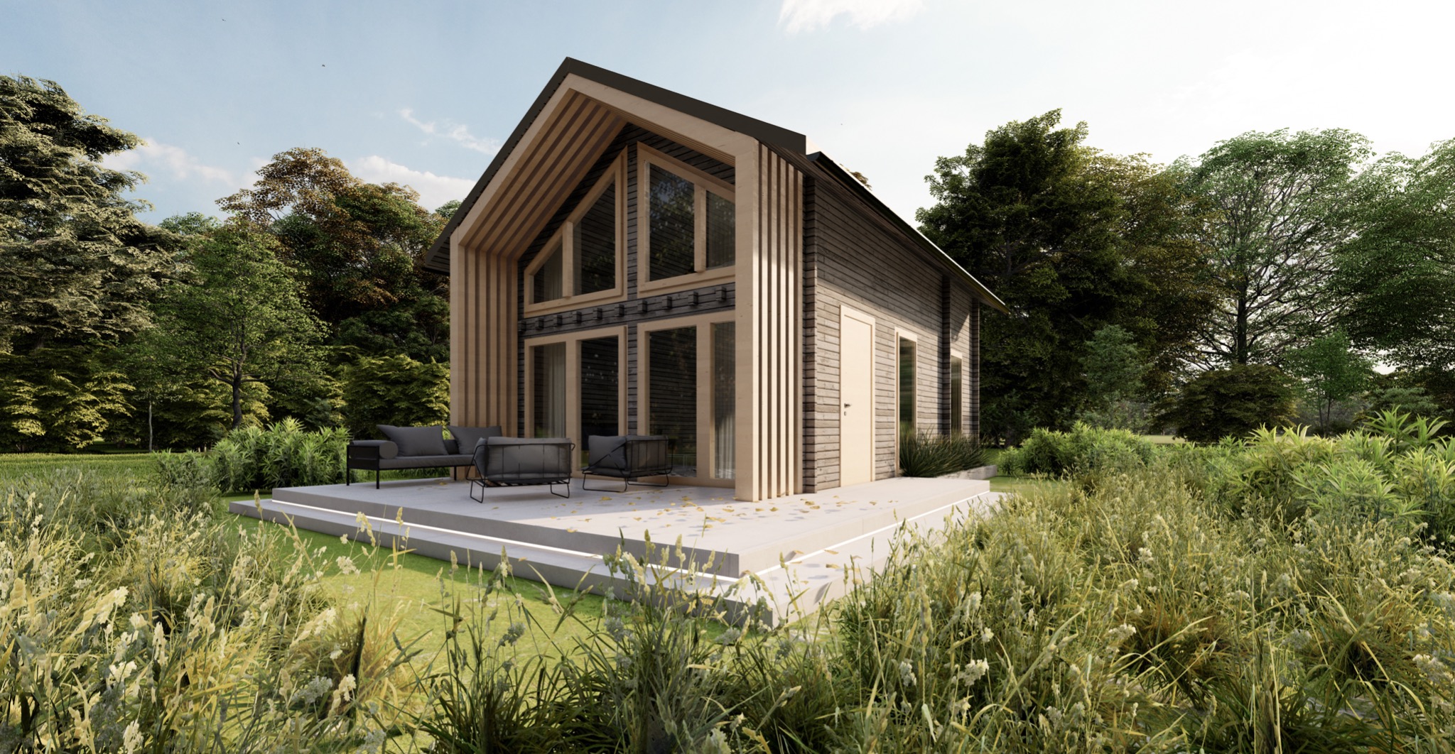 Wizualizacja nowoczesnego domu jednorodzinnego z szarą elewacją i drewnianymi elementami, z dużymi oknami i tarasem, otoczonego zielenią traw i drzew.