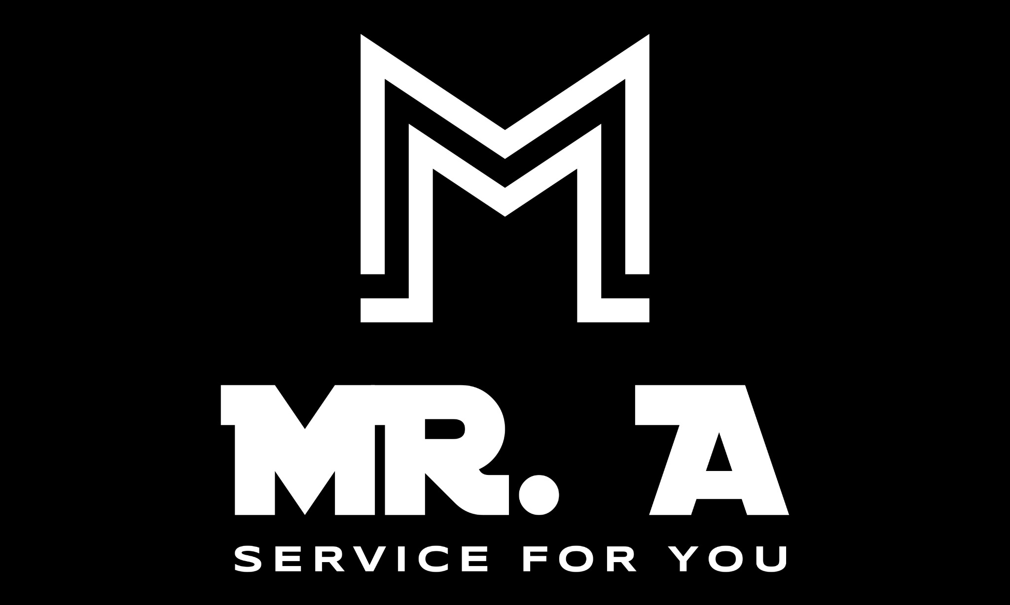 Minimalistyczne logo firmy usługowej 'MR. A SERVICE FOR YOU' w kolorze białym na czarnym tle, z stylizowaną literą 'M' powyżej nazwy.
