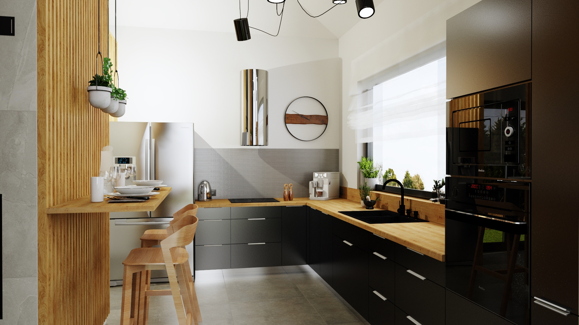 Nowoczesna kuchnia z czarnymi szafkami, drewnianym blatem i akcentami w kolorze drewna, oświetlona lampami sufitowymi i światłem dziennym z dużego okna.