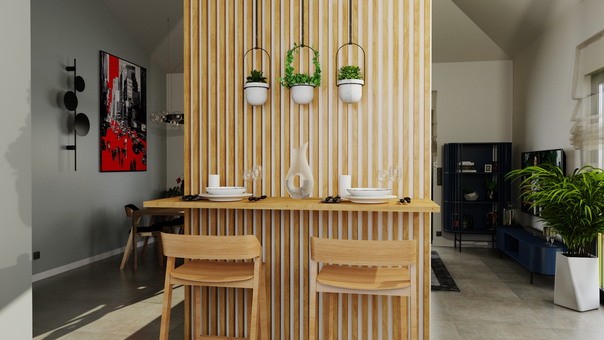 Nowoczesne wnętrze z drewnianą ścianką działową, wiszącymi roślinami, barkiem z krzesłami i czarno-białym obrazem z czerwonym akcentem na ścianie.