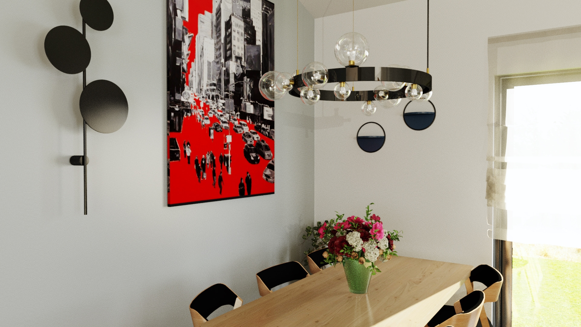 Jasna jadalnia z drewnianym stołem, czarnymi krzesłami, abstrakcyjnym obrazem z czerwonym tłem i czarno-białymi budynkami, okrągłym żyrandolem z szklanymi kulami i dekoracjami ściennymi.