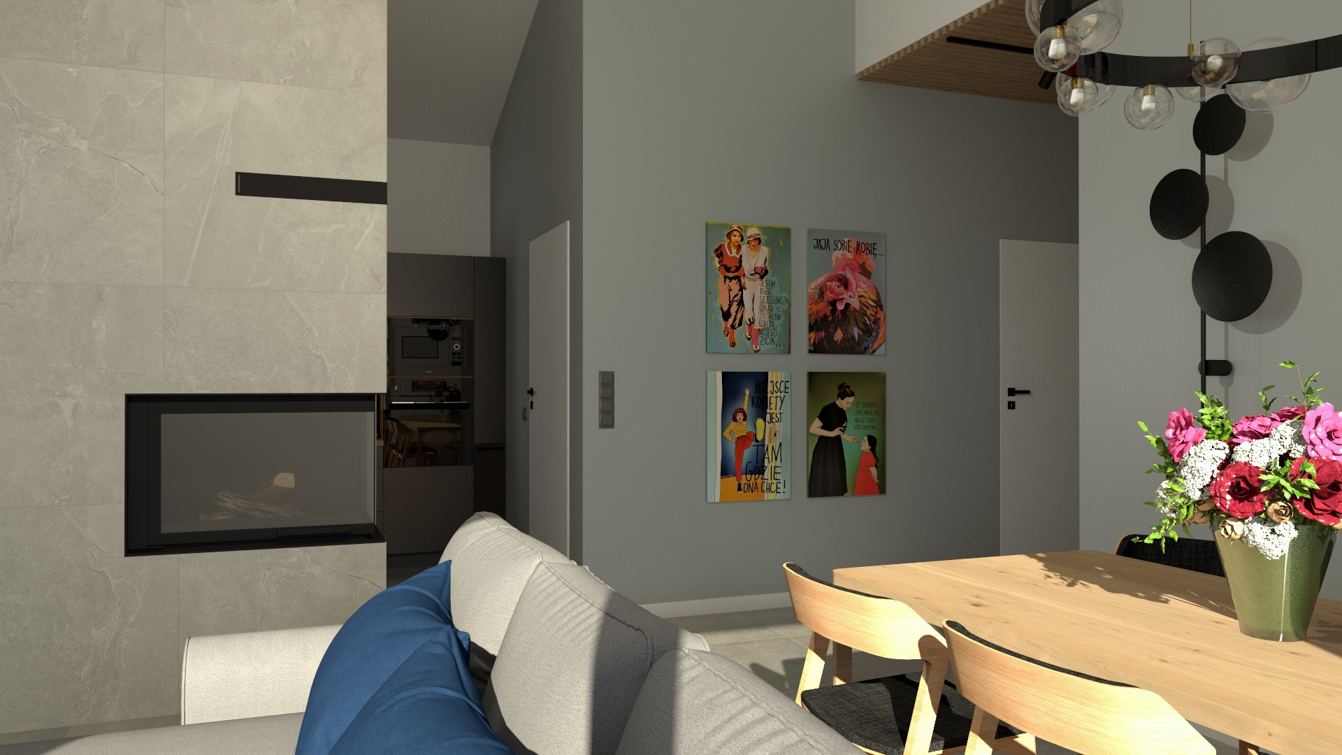 Wizualizacja salonu z kominkiem obłożonym szarym kamieniem, drewnianym stołem z kwiatami i ścianą ozdobioną plakatami w stylu retro.