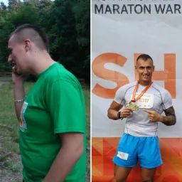 Porównanie sylwetki mężczyzny: po lewej stronie na początku treningów, rozmawiający przez telefon w zielonej koszulce na tle drzew, po prawej stronie po ukończonym maratonie, z medalem i numerem...