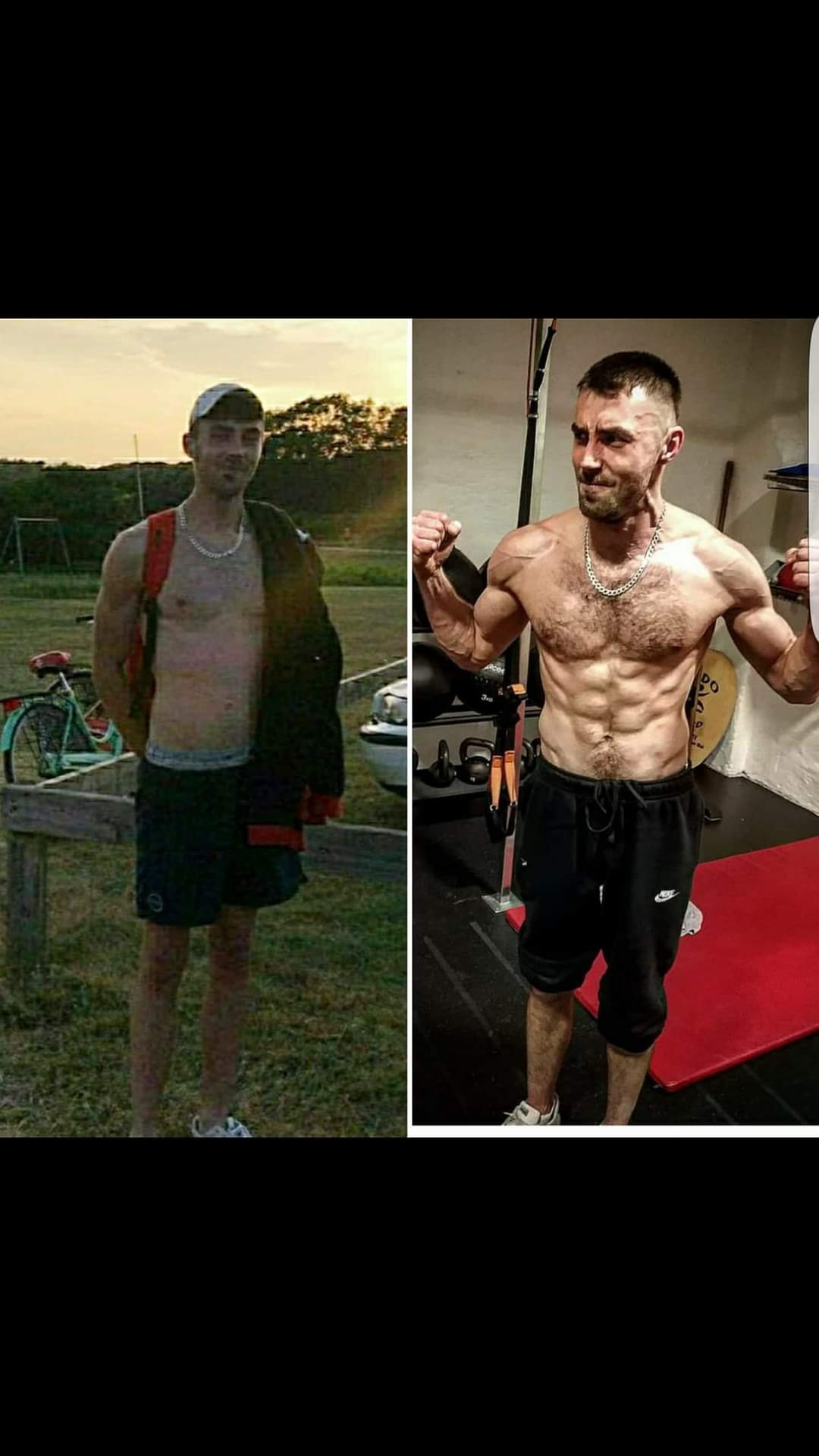 Zdjęcie typu 'przed i po' przedstawiające mężczyznę: po lewej stronie sylwetka przed treningiem na zewnątrz, po prawej stronie sylwetka po treningu w pomieszczeniu z wyposażeniem siłowni.